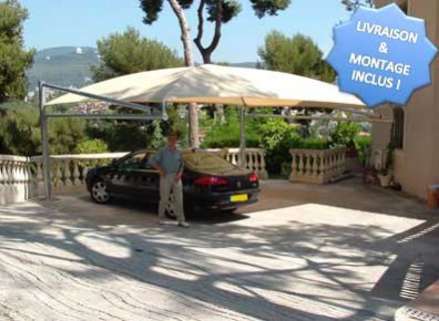 Carport métal et toile tendue design sur 2 poteaux